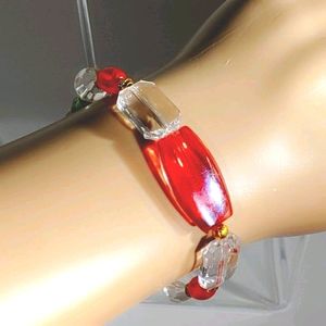 247B083. Hand-made Red, Green, Clear & Gold Bracelet
